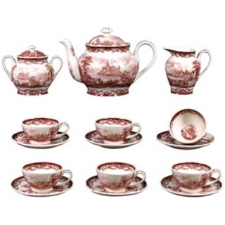 Set of 15 Red and White Porcelain Tea Set   #R3232