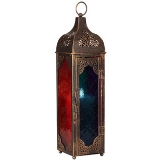 Multicolored Glass Square 16 1/2" High Copper Lantern   #W9091