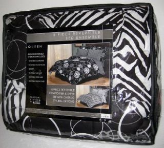 New Zahara Queen Size Comforter Set Sham Bed Skirt Zebra Jungle Black