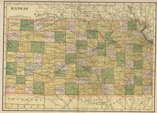 Kansas Authentic 1889 Map Showing Counties Cities Topography Railroads