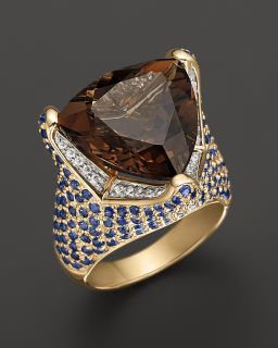 Smokey Quartz Ring With Diamonds And Blue Sapphires in 14K Yellow Gold