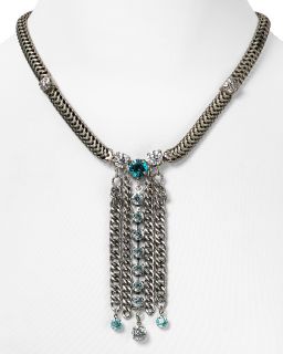 Aqua Chunky Gunmetal Tassel Necklace, 18