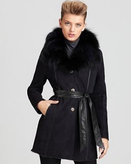 Maximilian 33 Belted Lamb Shearling Coat with Leather Piping & Fox