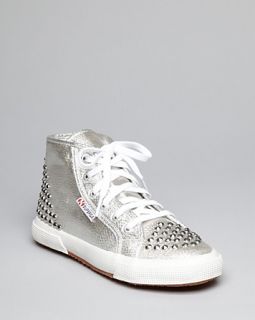 Superga Lace Up High Top Sneakers   Lame Studded