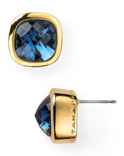 Tahari Essentials Gold Blue Stone Button Earrings