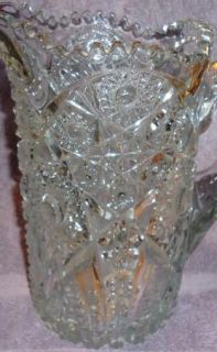 Vintage Pressed Glass Water Pitcher Elaborately Etched Starbursts
