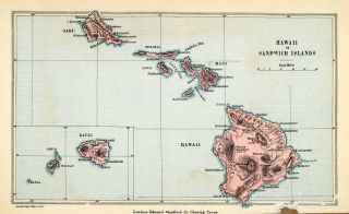 1879 Lithograph Hawaii Sandwich Islands Maui Kauai Molokai Map Oahu