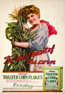 1908 Ad Kellogg Toasted Corn Flake Stalk Edwardian Woman Portrait