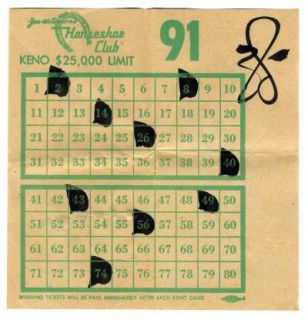 1956 Horseshoe Club Keno Ticket Joe Browns Las Vegas