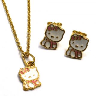 Kitty Gold 18k GF Necklace Pendant Earrings Baby Girl Kids Pink Enamel