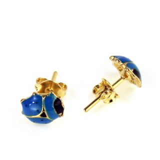 Gold 18K GF Earrings Kids Girl Baby Blue Lady Bug Toddler Enamel