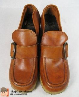 Vtg Kinney Shoes Brown Buckle Up Leather Loafers Sz 9 70s Platform
