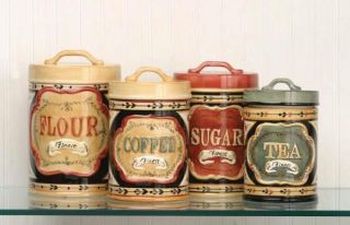 Country Mercantile Kitchen Canister Set Flour Sugar Coffee Tea Ceramic