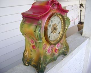 Antique Ansonia La Fontaine Royal Bonn Magenta Porcelain Mantle Clock
