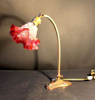 Splendide Lampe 1900 En Bronze Doré Belle Tulipe Granitée Rouge
