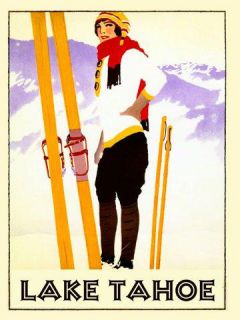 Lake Tahoe Lady Girl Skis Ski Winter Sport Skiing Vintage Poster Repro