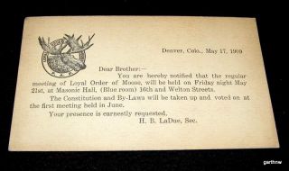 Moose Club 1909 Meeting Call Postcard Denver Colorado
