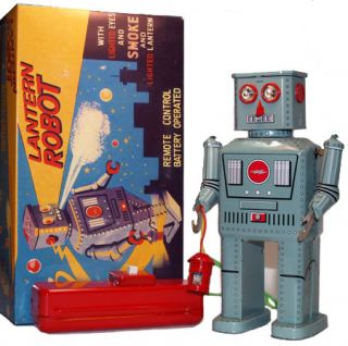 Smoking Robot Tin Toy with Lantern Battery Operated