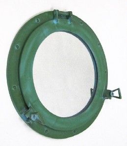 Large Aluminum Green Finish 17 Ships Porthole Mirror Round Nautical