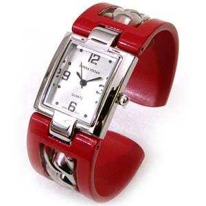 Red Silver Chain Style Inlay Band Large Bangle Cuff Watch