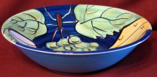 Blue Hand Painted Bowl Grapes Wine Glass Cheese Decor