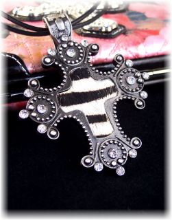 Cowgirl Zebra Print Rhinestone Stud Cross Necklace Leather Cord