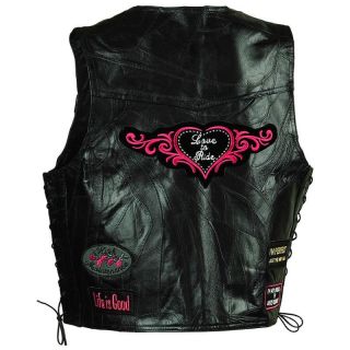 Ladies Womens Black Leather Motorcycle Vest w Patches