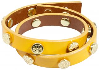 Tory Burch Studded Leather Wrap Bracelet Gold Logo Lemon Jewelry New
