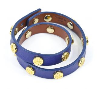 Tory Burch Logo Studded Leather Wrap Bracelet Shock Blue New