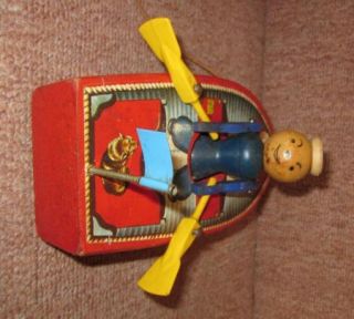 Antq 1940 50s Fisher Price 730 Sailor w Rowboat Wood Pull Toy Boat