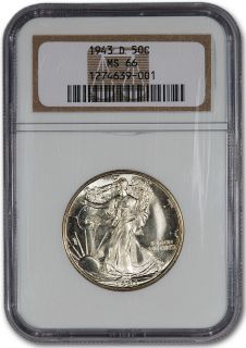 1943 D US Walking Liberty Silver Half Dollar 50c NGC MS66