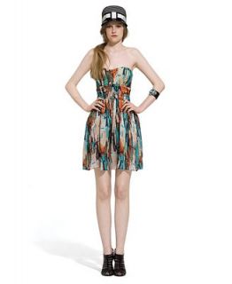 Bar III Dress, Strapless Sweetheart Quilted Painterly Printed Zipper A