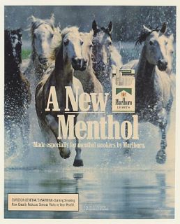 1988 Marlboro Lights Menthol White Horses Run Water Ad