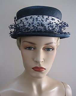 Ladies Vintage 22 Navy Straw Hat White Band Veil 944