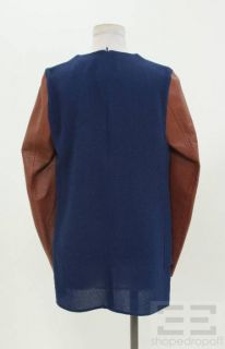 Phillip Lim Blue Silk Brown Leather Raglan Sleeve Top Size 6 New