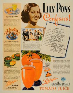 Libbys Gentle Press Tomato Juice Lily Pons Can   ORIGINAL ADVERTISING