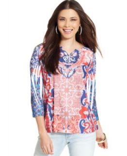 Style&co. Top, Three Quarter Sleeve Printed Henley   Womens Tops
