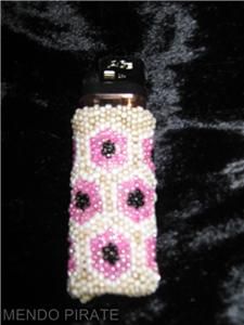 Peyote Stitch Beaded Lighter Cover Buckskin Pink Black