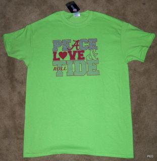 Alabama Crimson Peace Love Tide Lime Green T Shirt Roll Tee Bama