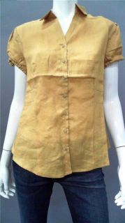 Lino USA Ladies Womens L Linen Button Down Top V Neck Gold Solid Cap