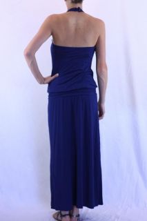 NWT LinQ Blueberry Halter Maxi Dress Jersey Knit Ruched Banded Waist