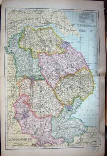 Map 1907 Lincolnshire England Grimsby Hull Lincoln