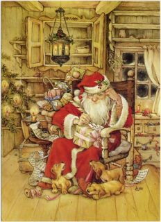 Lisi Martin   Artist Signed   Tired Santa addressing gift. Post card