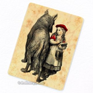 Little Red Riding Hood & Wolf Deco Magnet, Vintage Illustration