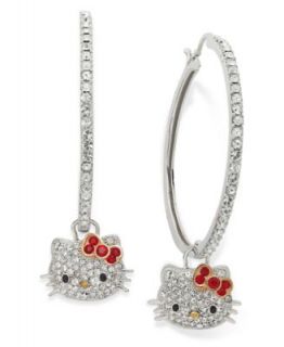 Hello Kitty Sterling Silver Earrings, Pave Crystal Face Hoop Earrings