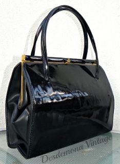 Vintage Black Patent Faux Leather Kelly Hand Bag 50s Jive Rockabilly