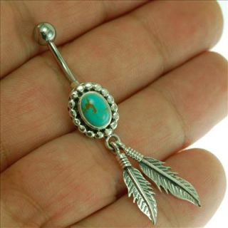 Native American Belly Button Navel Ring w Turquoise 316L Steel Silver