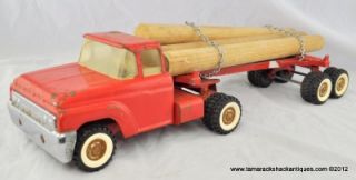 Vintage Structo Red Dualies Pickup Truck and Log Pulp Trailer Pressed