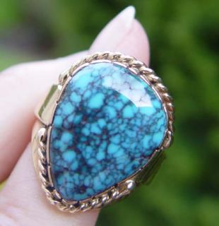 Lone Mountain High Grade Natural Spiderweb Turquoise Ring in 14k Gold