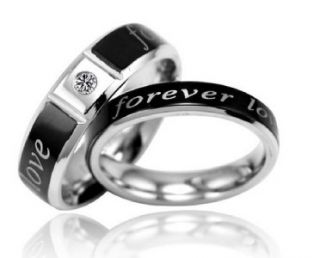 Stainless Steel Wedding Band Forever Love Engraved w/GEM Couple Rings